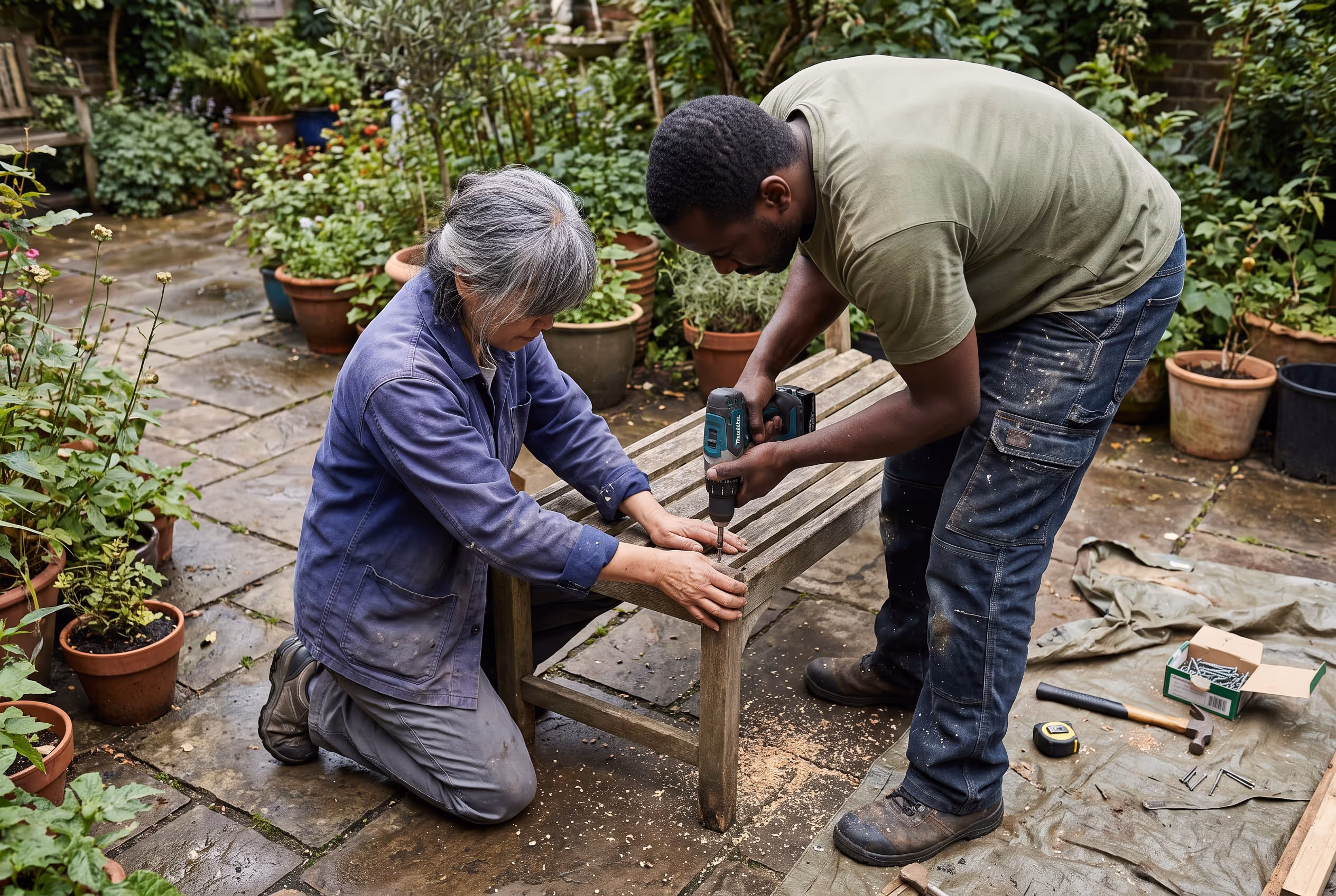 Two adults working together to repair a wooden bench in a courtyard.