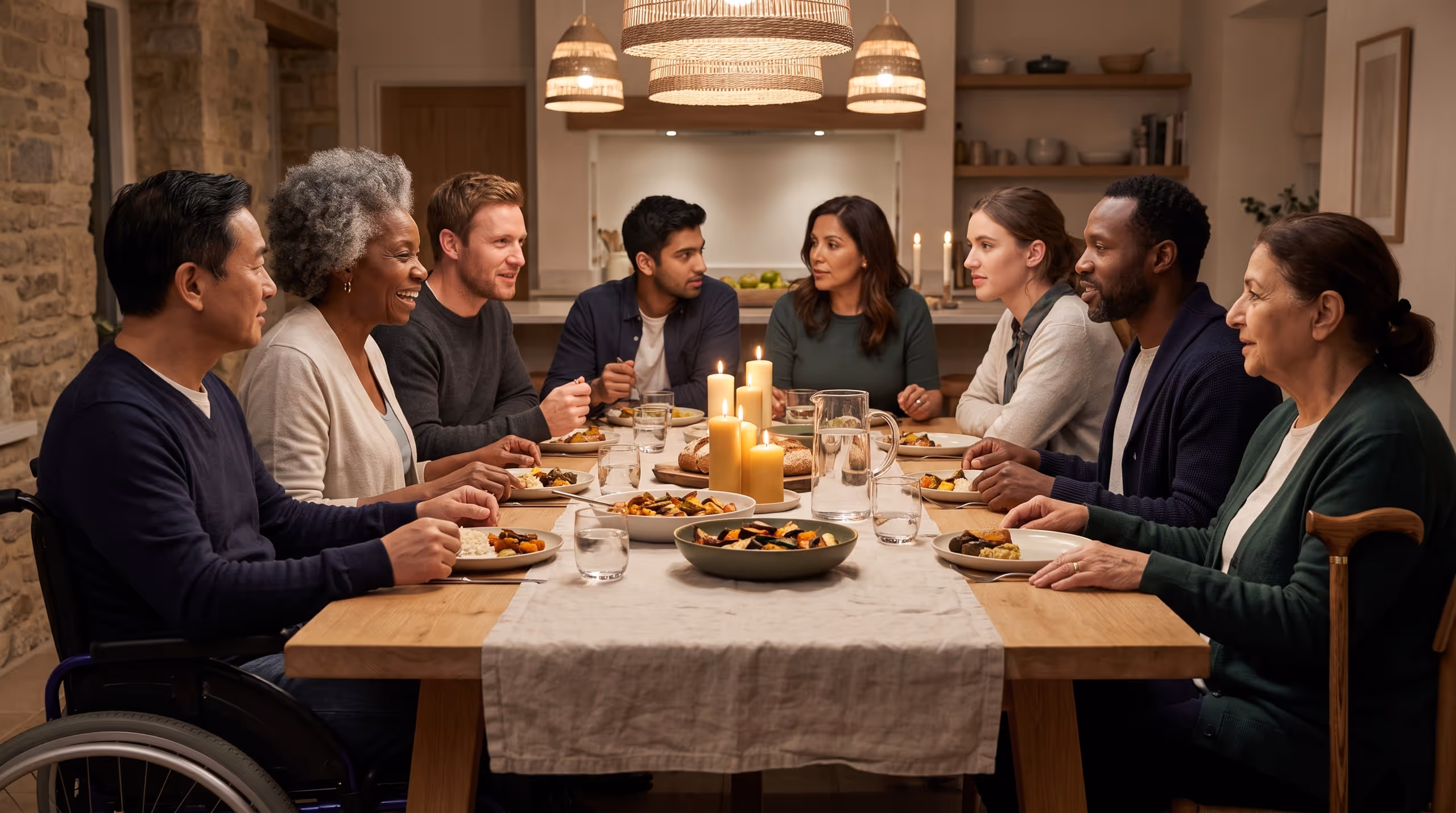 People talking around a long table with food and candles.