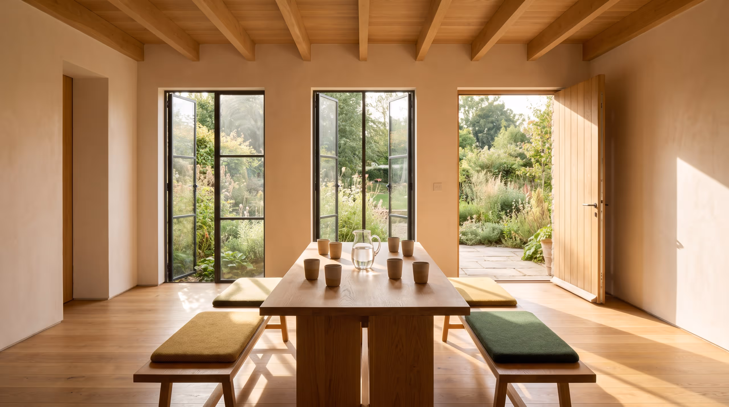 A sunlit room of pale plaster and oak, prepared with benches, water, and an open door onto a green garden.